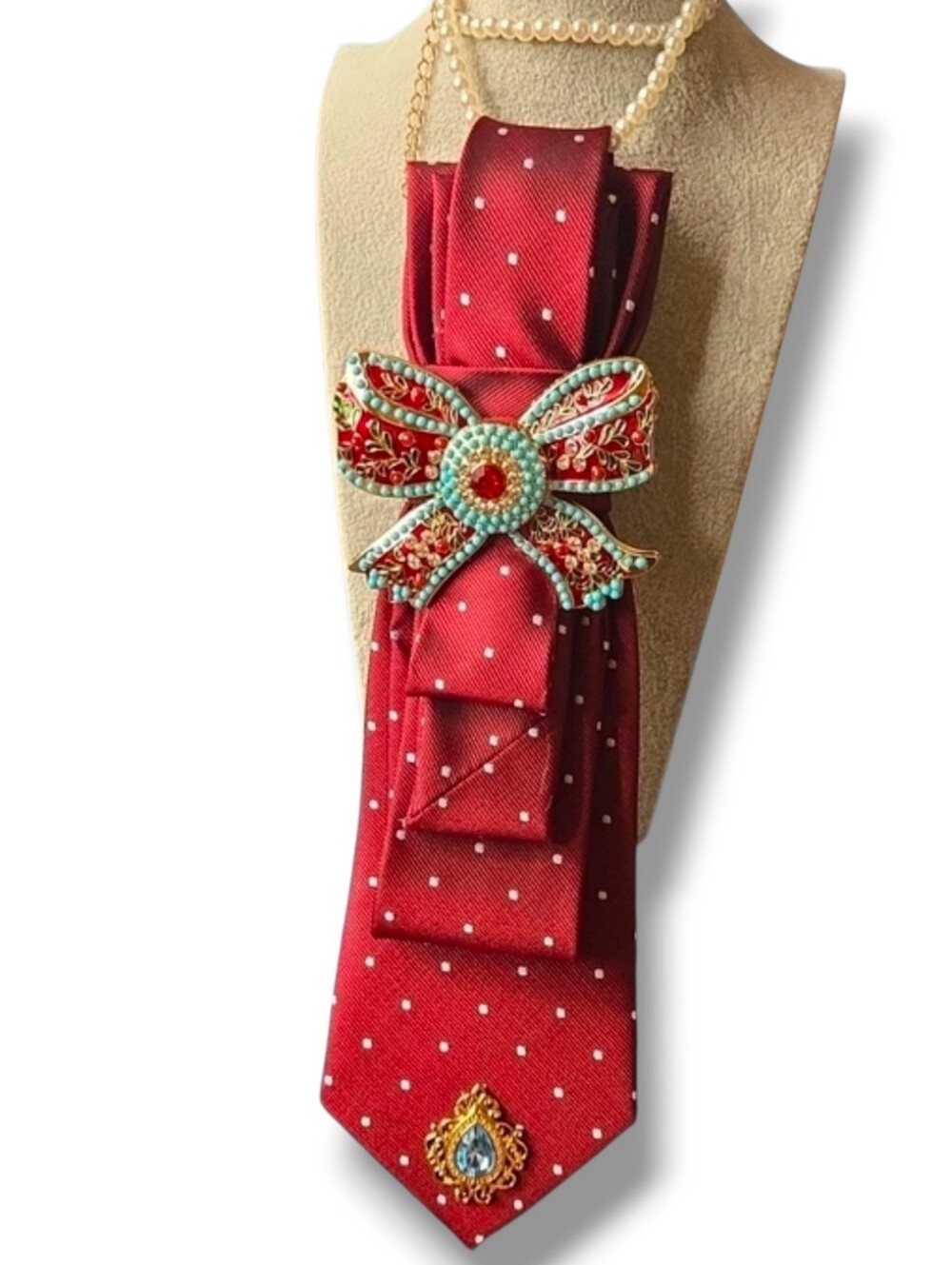 3/$60 Red and White Polka Dot Cravat with Decorative Bow Brooch